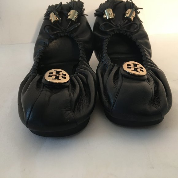 Tory Burch Reese Mestico Black Leather Tassel Ballerina Flats 8 - Picture 4 of 12